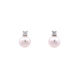 14K White Gold Pearl Stud Earrings With Diamond Accent