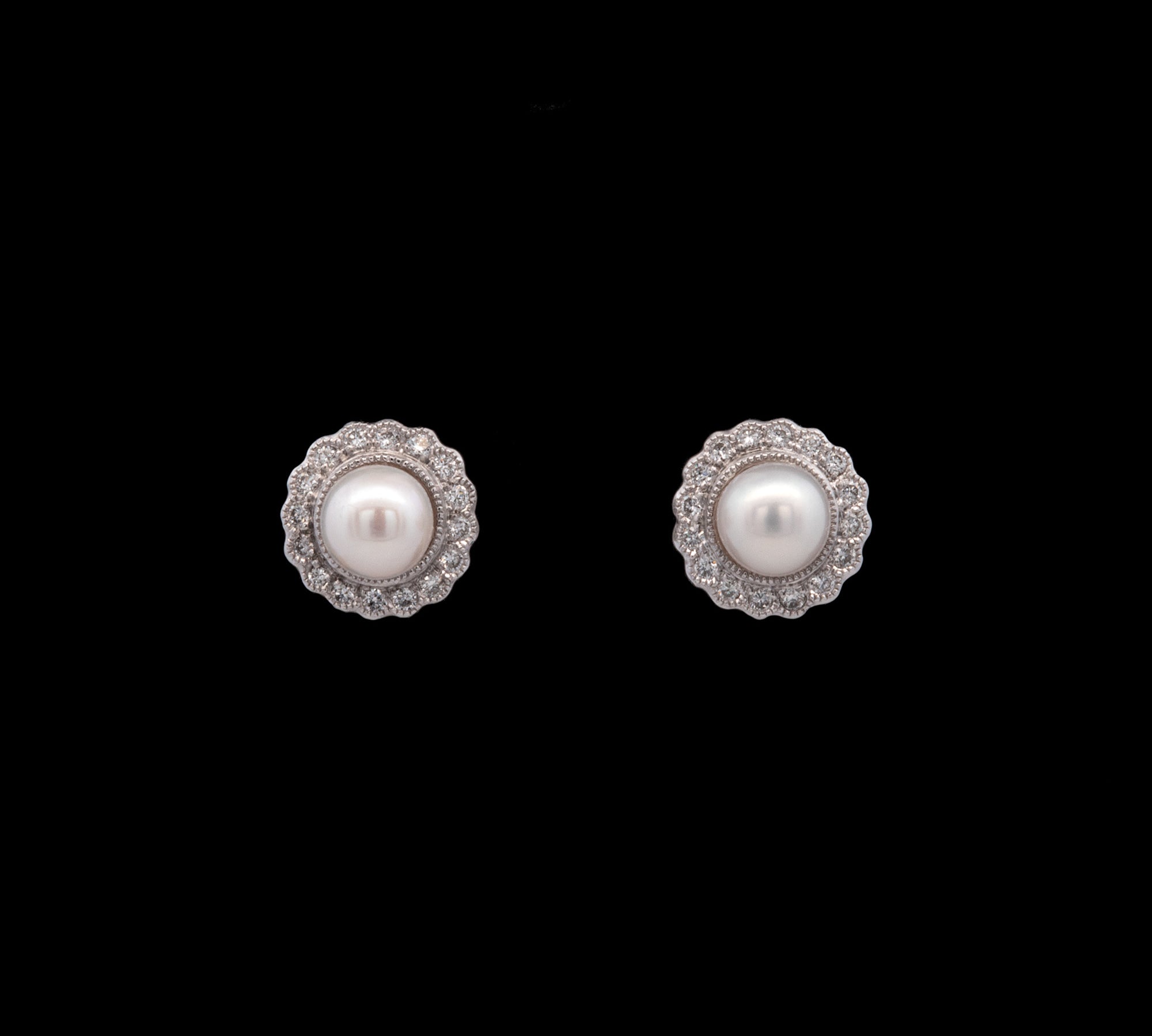 14K White Gold Pearl And Diamond Halo Stud Earrings