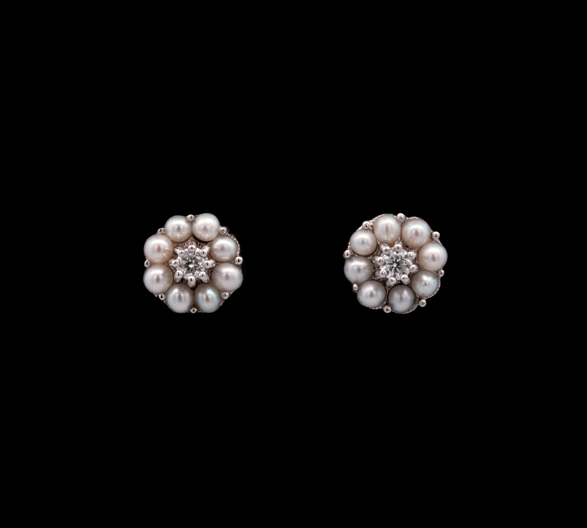 14K White Gold Diamond And Peal Cluster Stud Earrings