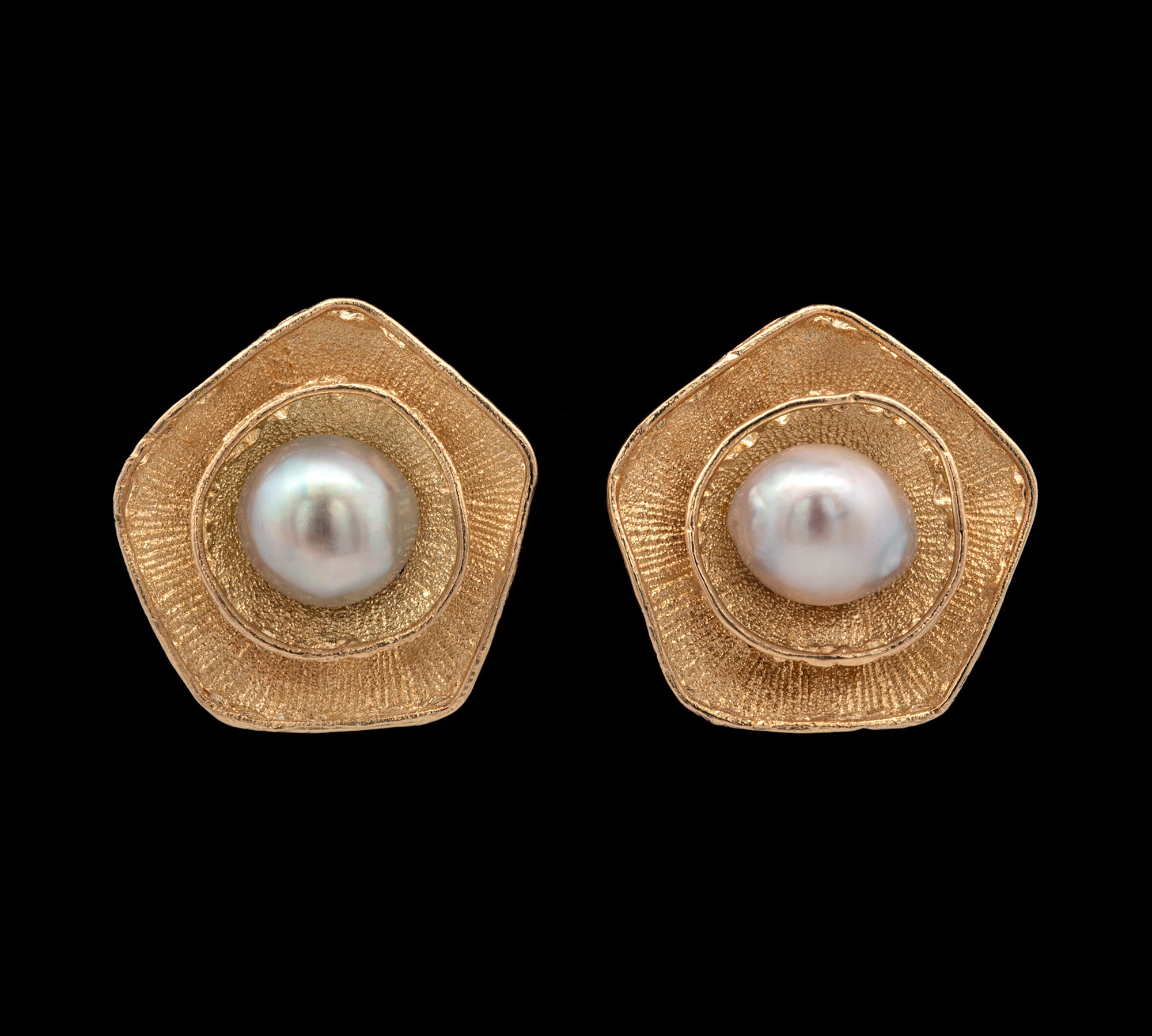 18K Yellow Gold Baroque Pearl Texture Finished Petal Earrings With Omega Backs