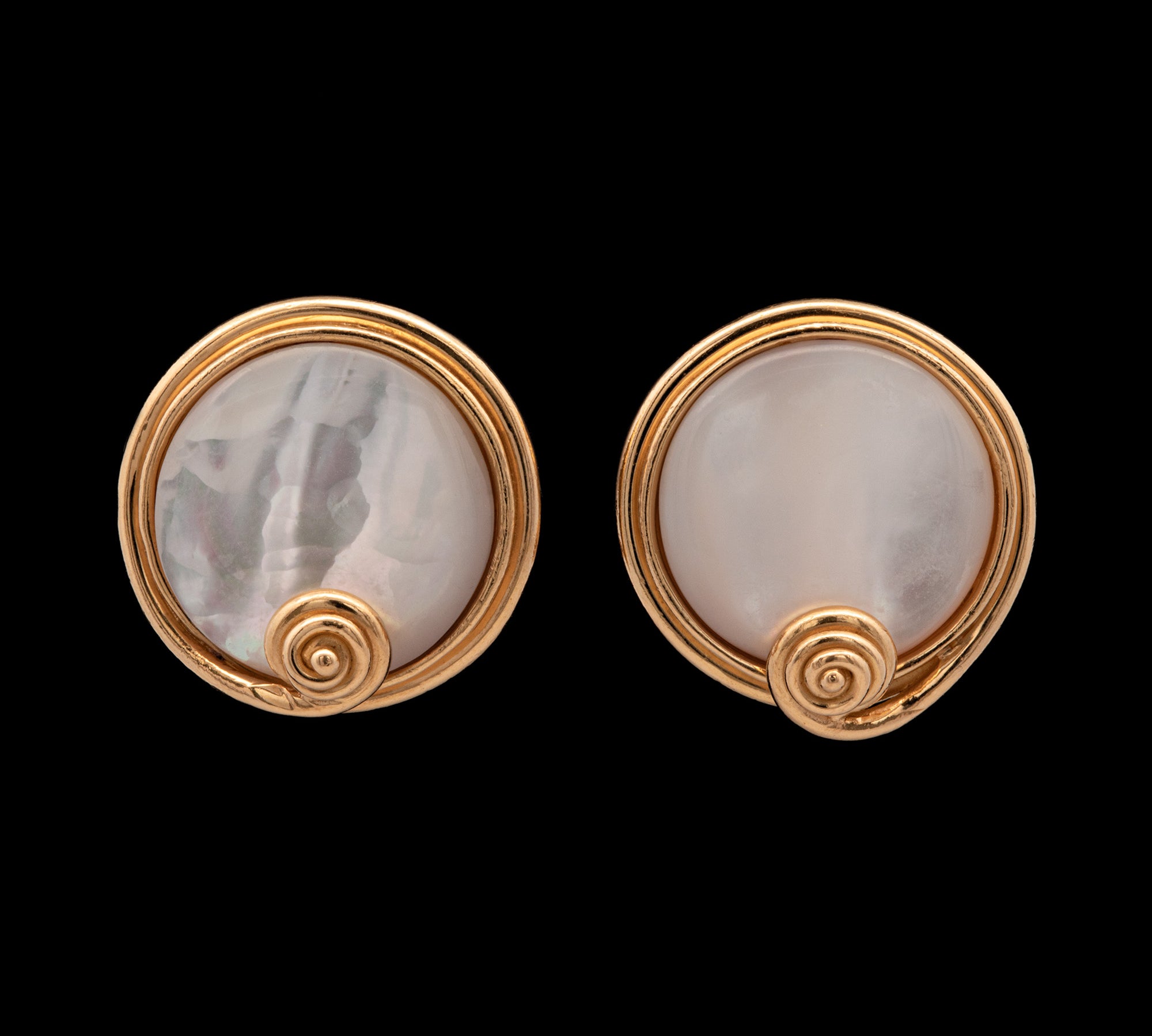 22K Yellow Gold "Denise Roberge" Mother Of Pearl Bezel Set Swirl Earrings With Omega Backs