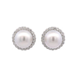 18K White Gold Pearl And Diamond Halo Stud Earrings With Milgrain Edge