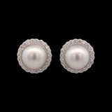 18K White Gold Pearl And Diamond Halo Stud Earrings With Milgrain Edge