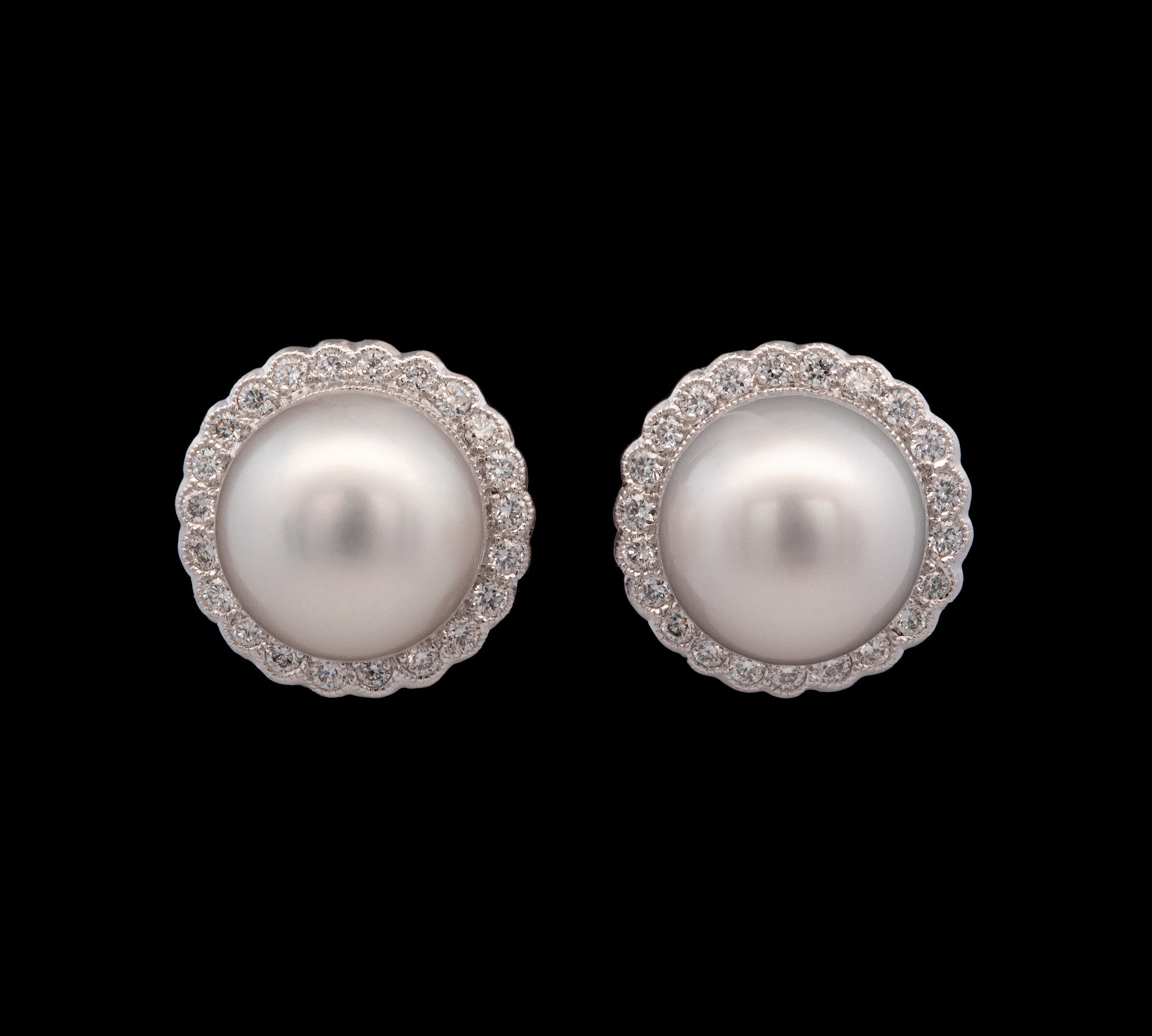 18K White Gold Pearl And Diamond Halo Stud Earrings With Milgrain Edge