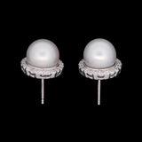 18K White Gold Pearl And Diamond Halo Stud Earrings With Milgrain Edge
