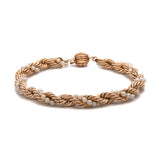 14K Yellow Gold Twisted Rope Bracelet With Woven Akoya Pearl Strand And Corrugated Ball Wire Clasp, 7.5 Inches