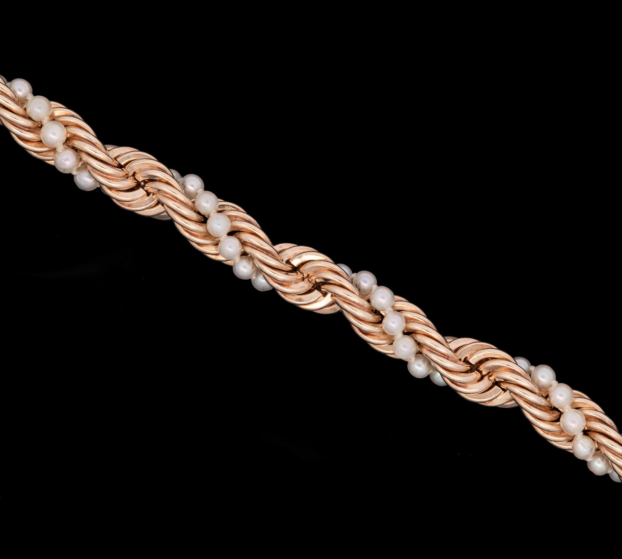 14K Yellow Gold Twisted Rope Bracelet With Woven Akoya Pearl Strand And Corrugated Ball Wire Clasp, 7.5 Inches