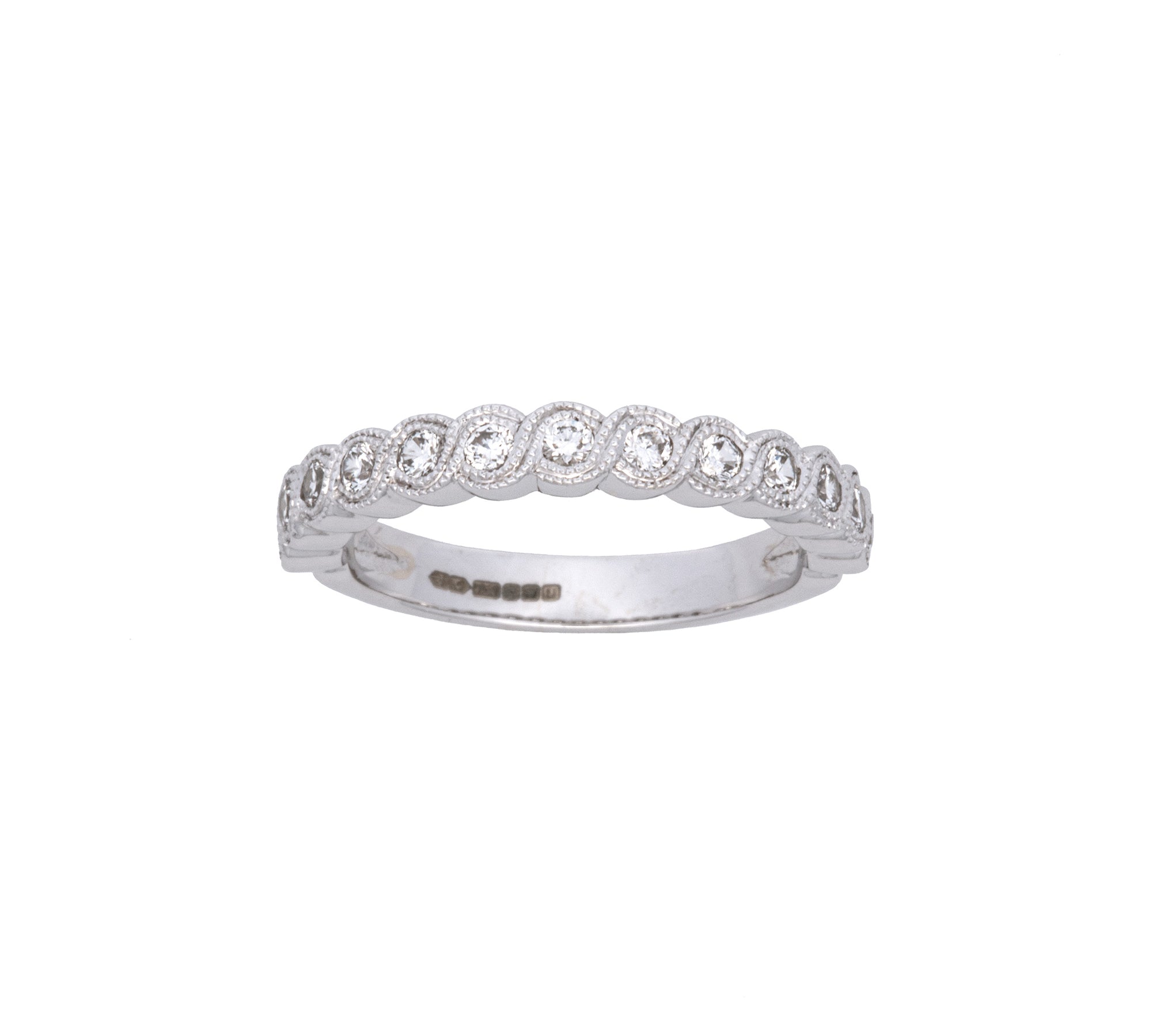 18K White Gold Bezel Set Diamond Half Eternity Band With Double Milgrain Edge
