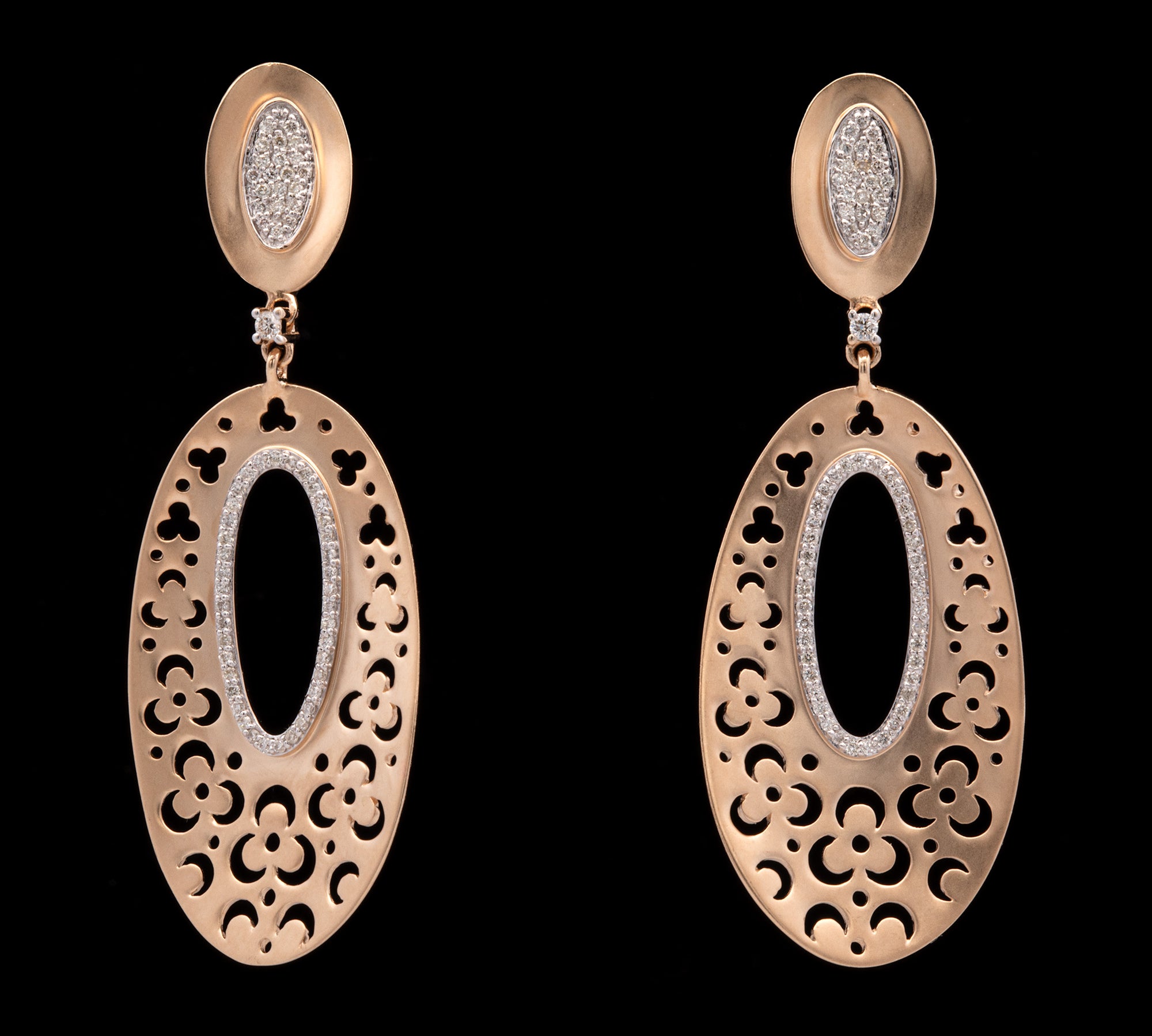 14K Yellow Gold Oval Open Work Drop Earrings With Diamond Accents