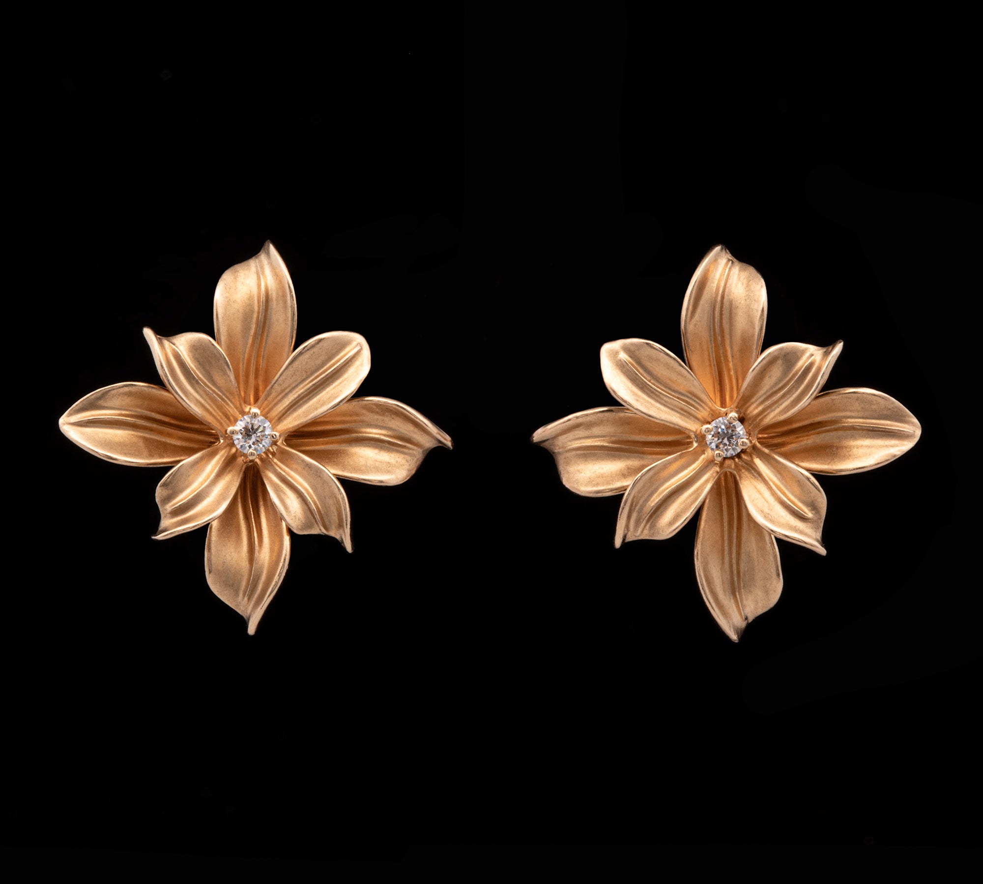18K Yellow Gold Eight Petal Flower Earrings With Post And Omega Backs