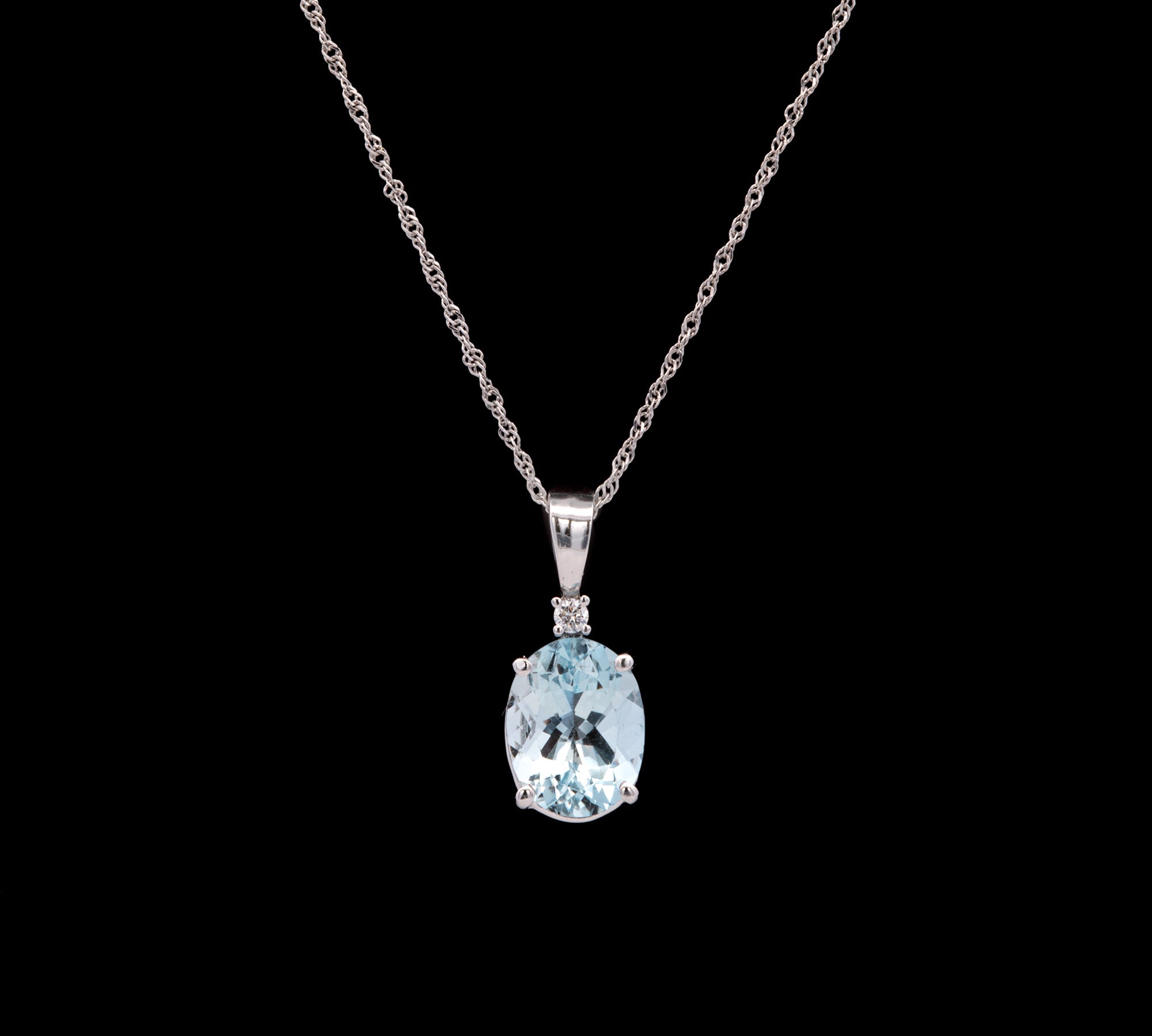14K White Gold Aquamarine And Diamond Pendant With 19 Inch Singapore Sparkle Chain