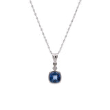 14K White Gold Bezel Set Cushion Cut Ceylon Sapphire And Diamond Pendant With 18 Inch Chain
