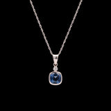 14K White Gold Bezel Set Cushion Cut Ceylon Sapphire And Diamond Pendant With 18 Inch Chain