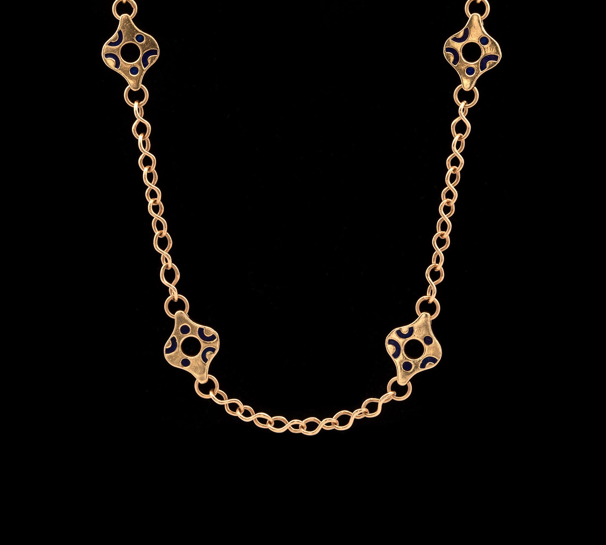 18K Yellow Gold Chain Necklace With Blue Enameled Stations, 33 Inches