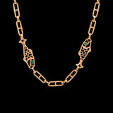 18K Yellow Gold Enameled Eye Fish Station Chain Necklace, 35 Inches