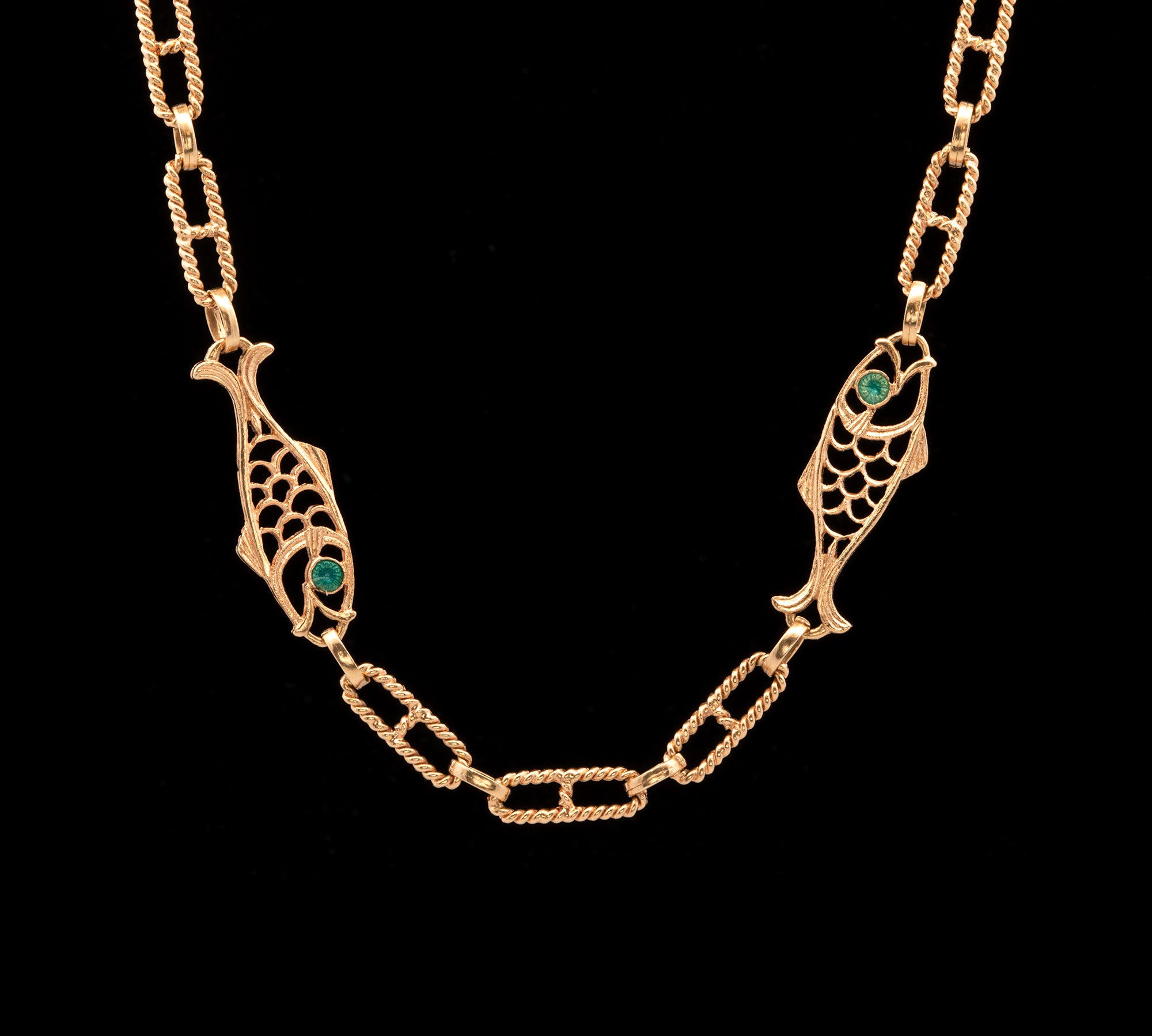 18K Yellow Gold Enameled Eye Fish Station Chain Necklace, 35 Inches
