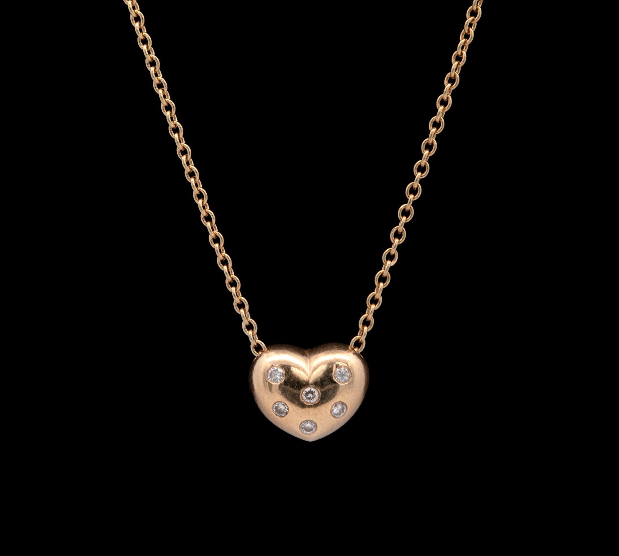 14K Yellow Gold Puffed Heart Pendant with diamond accents on 17 Inch Cable Chain