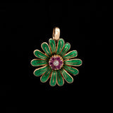 14K Yellow Gold Vintage Green Enamel Flower Pendant With Diamond And Pink Sapphire Accents