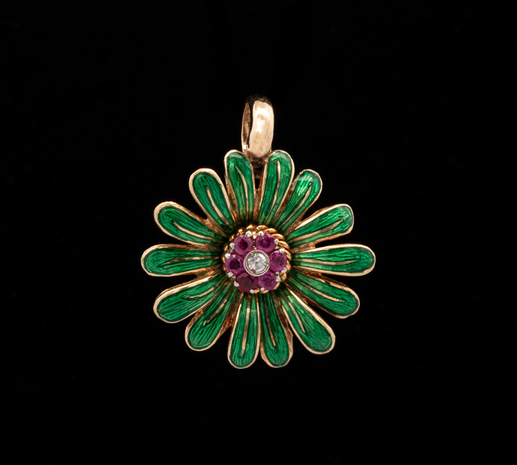 14K Yellow Gold Vintage Green Enamel Flower Pendant With Diamond And Pink Sapphire Accents