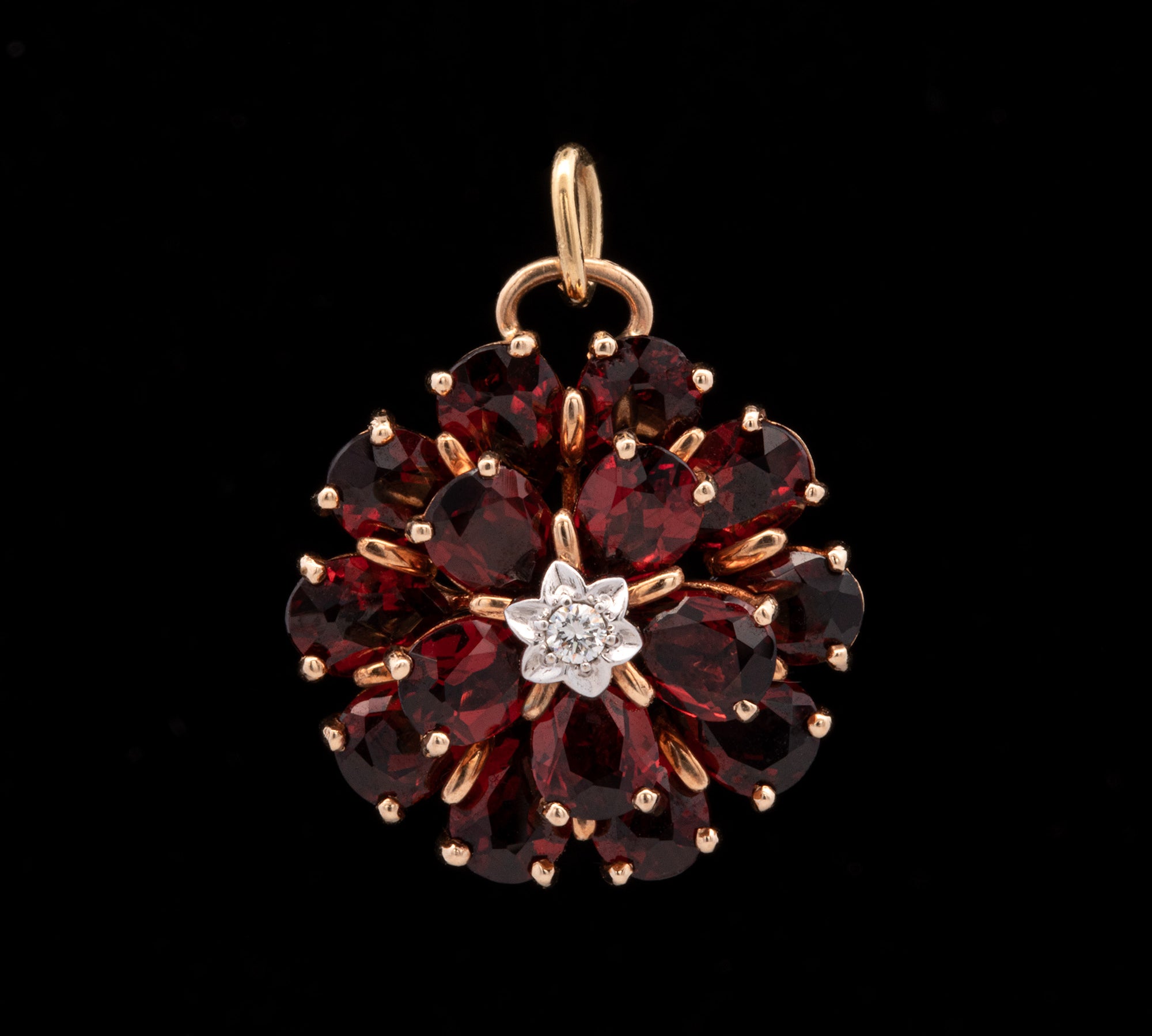 14K Yellow Gold Red Garnet Flower Pendant With Diamond Accents