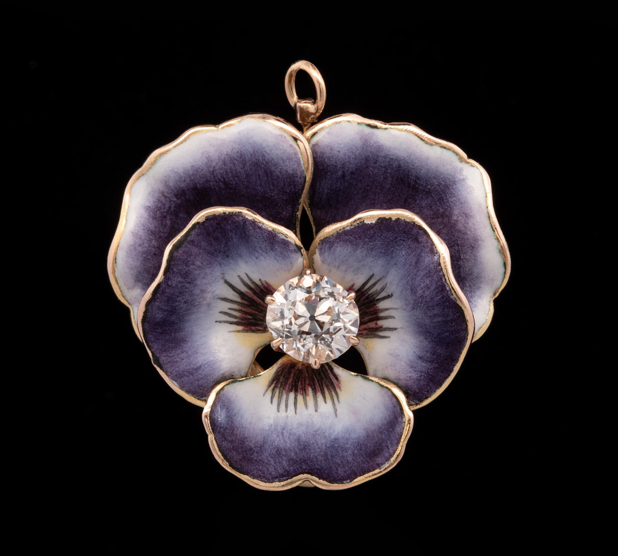 14K Yellow Gold Victorian Diamond And Purple Enamel Pansy Flower Pin With Bail
