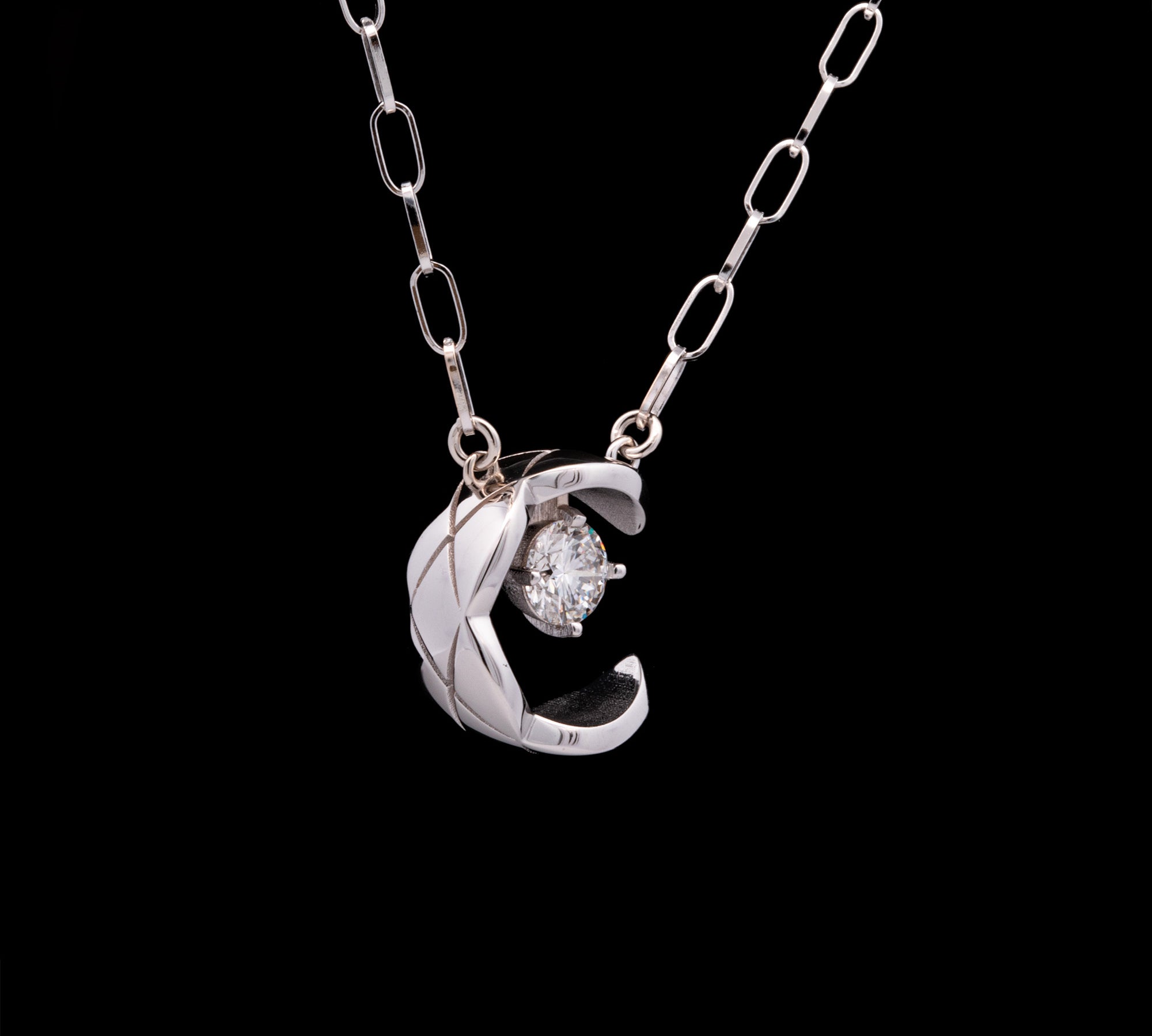 Custom 18K White Gold Quilted Pattern "C" Pendant With Round Diamond And 15 Inch Thin Paperclip Chain