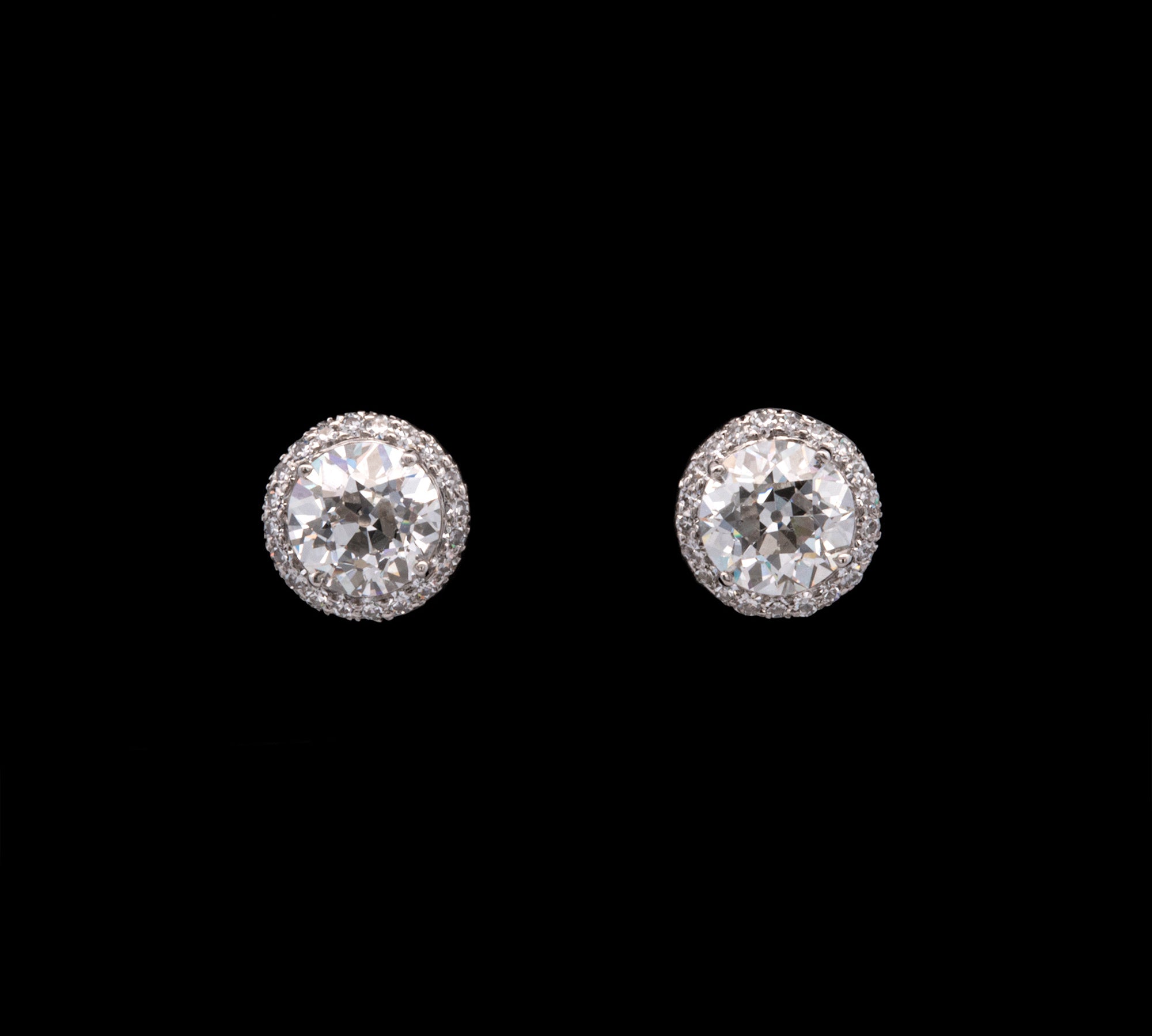 Platinum Old European Cut Diamond Stud Earrings With Diamond Halo