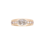 Custom 14K Yellow And White Gold Tapered Ring With Bezel Set Marquise Diamond And Channel Set Round Brilliant Cut Accent Diamonds