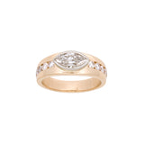 Custom 14K Yellow And White Gold Tapered Ring With Bezel Set Marquise Diamond And Channel Set Round Brilliant Cut Accent Diamonds