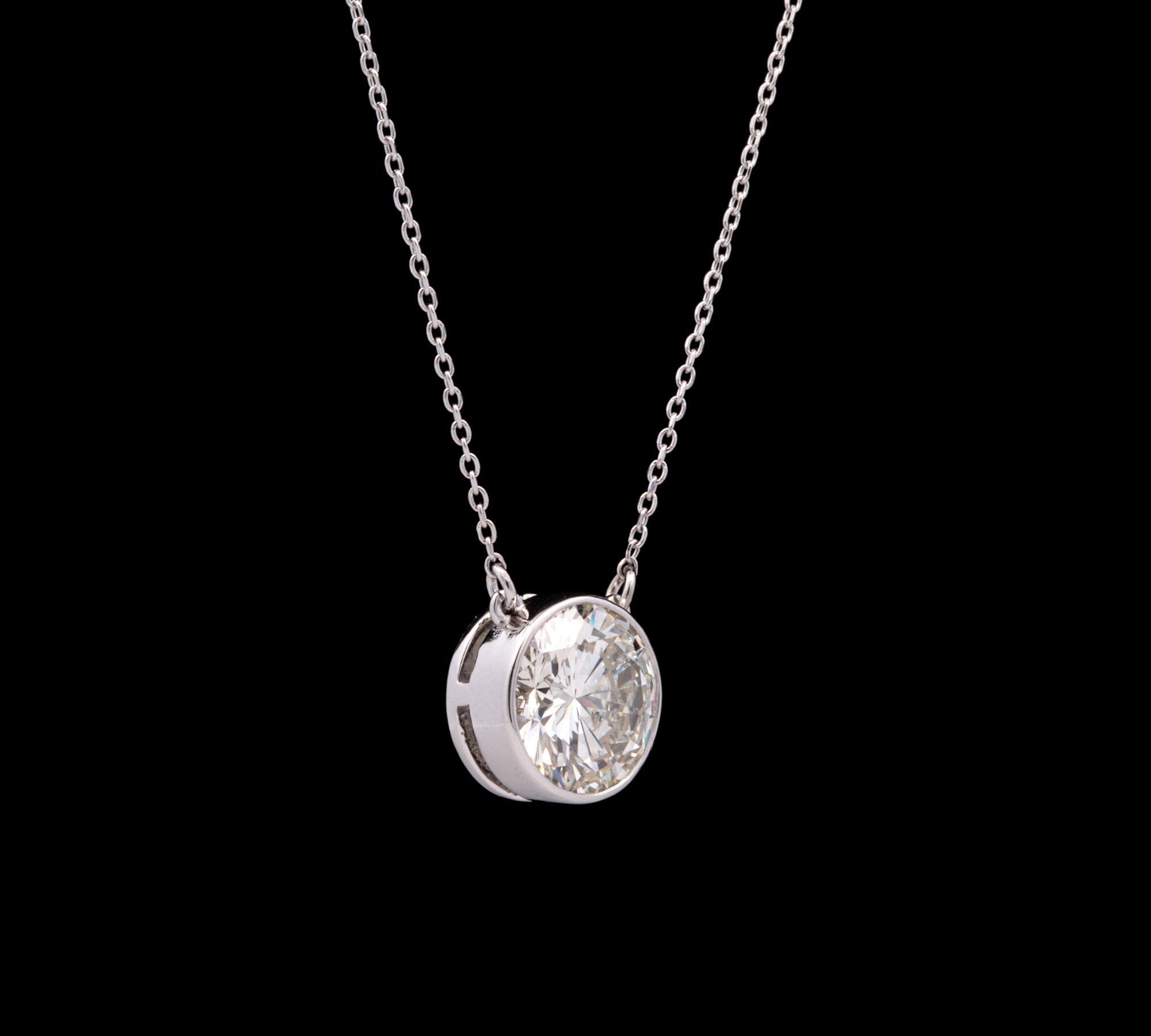 Custom Platinum Thin Bezel Set Round Brilliant Cut Diamond Solitaire Necklace With 20 Inch 1mm Diamond Cut Cable Chain With Lobster Clasp