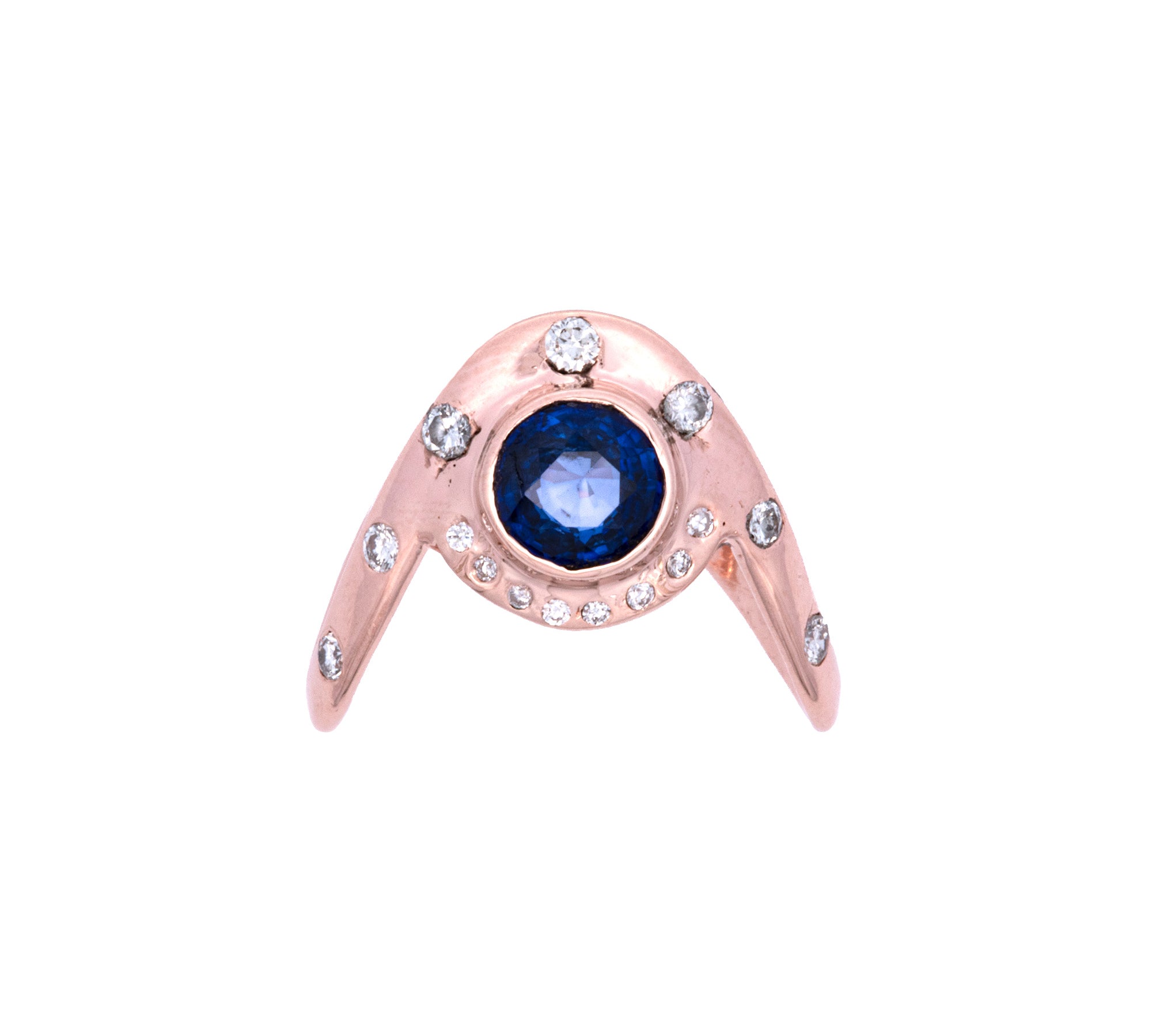 Custom 14K Rose Gold Round Blue Sapphire And Diamond Slalom Ring