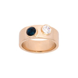 Custom 18K Yellow Gold 8mm Wide Band With Flat Edge And Bezel Set Diamond And Sapphire