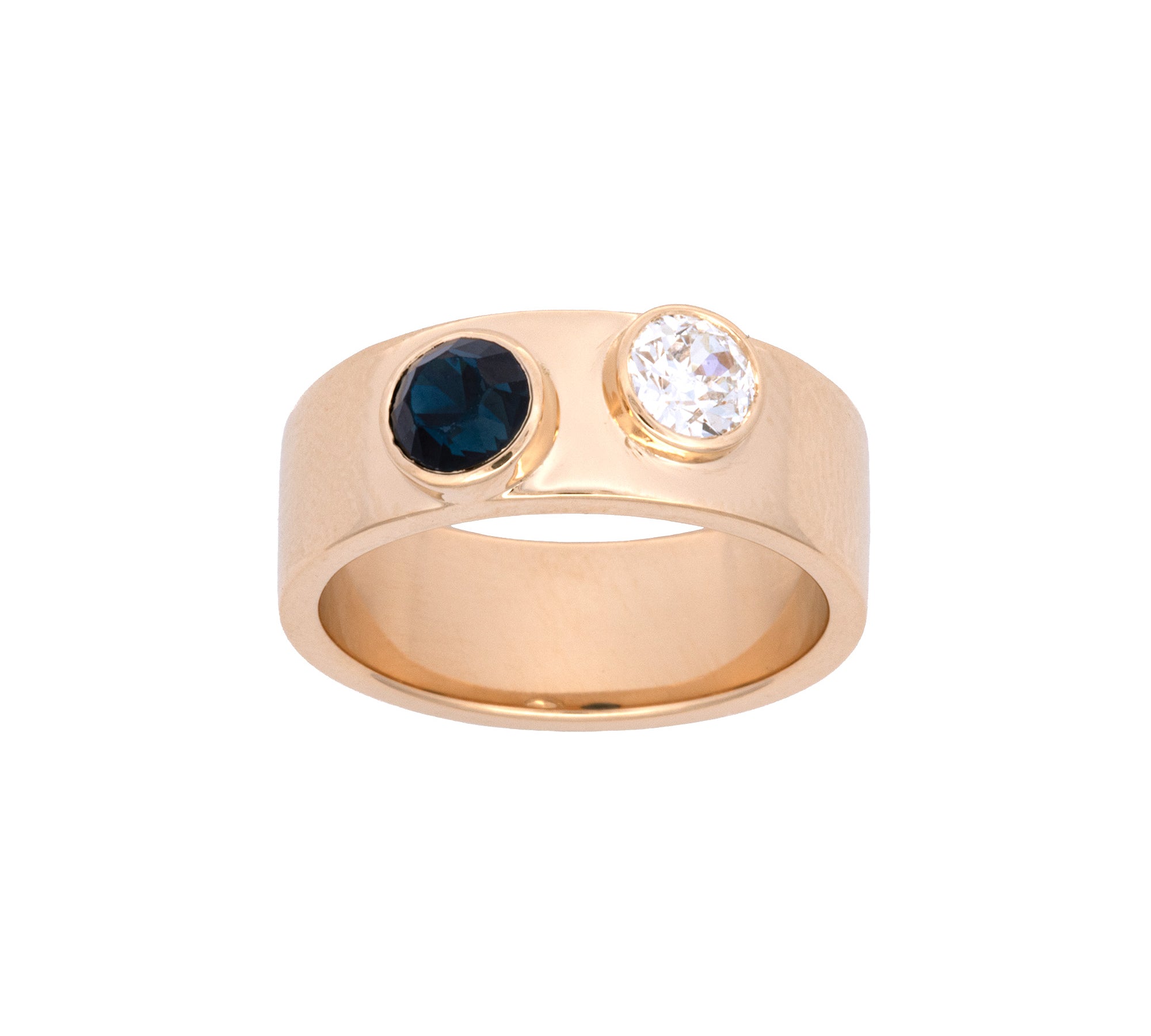 Custom 18K Yellow Gold 8mm Wide Band With Flat Edge And Bezel Set Diamond And Sapphire