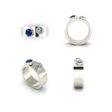 Custom 18K Yellow Gold 8mm Wide Band With Flat Edge And Bezel Set Diamond And Sapphire