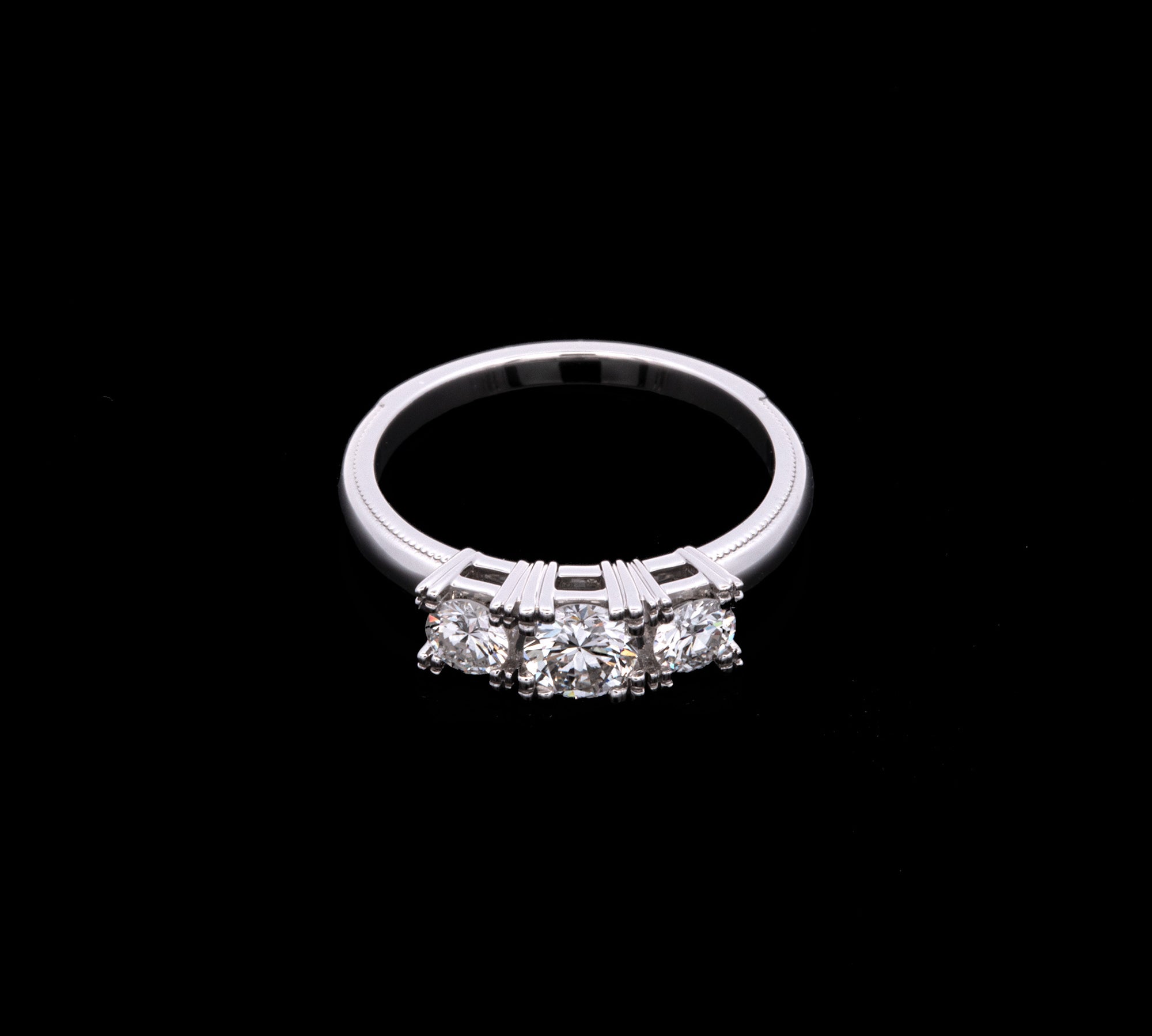 Custom Platinum Three Stone 0.83ctw Old European Cut Diamond Ring With Milgrain