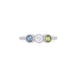Custom 14K White Gold Bezel Set Alexandrite, Diamond, And Peridot Mother's Birthstone Ring