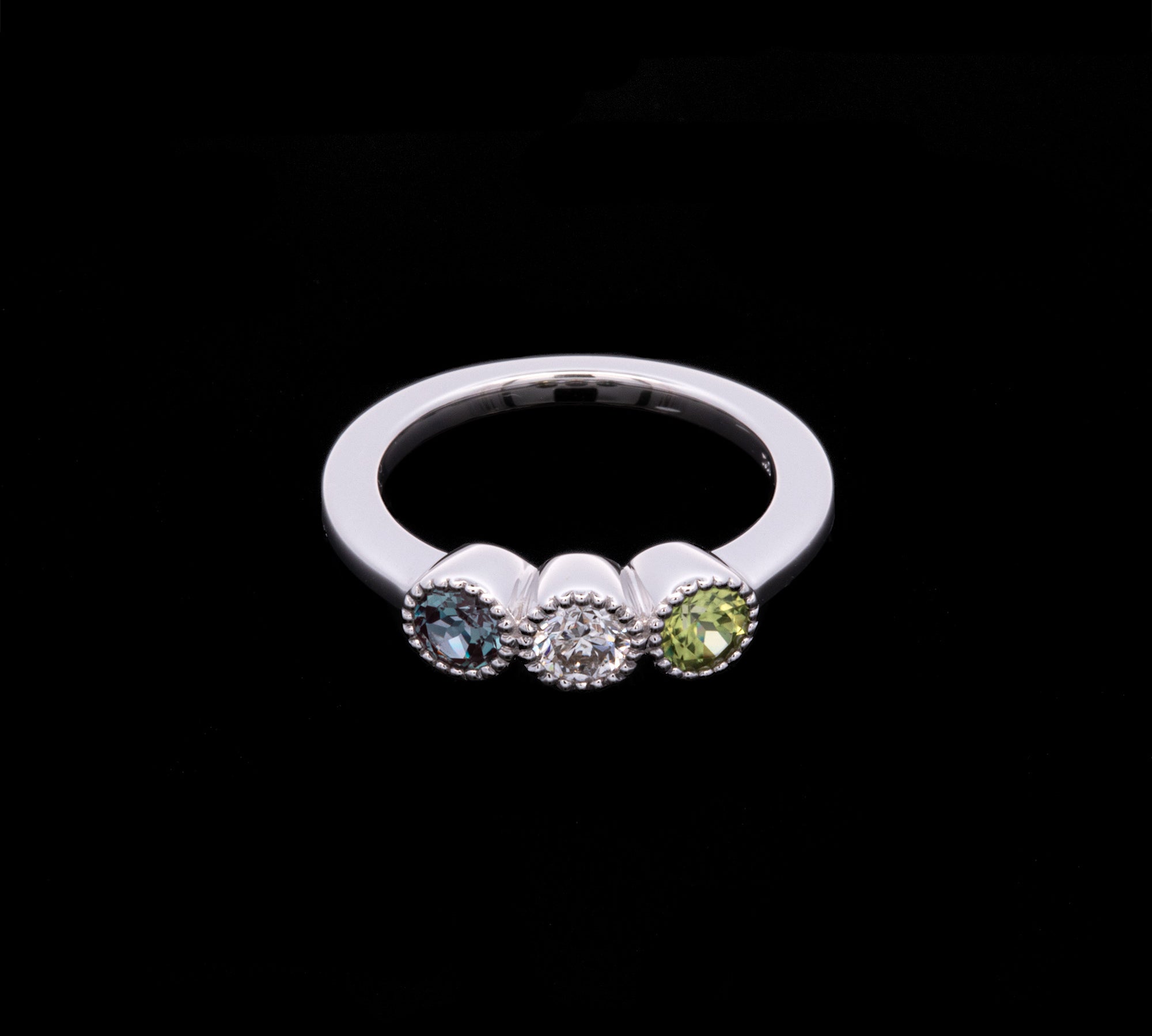 Custom 14K White Gold Bezel Set Alexandrite, Diamond, And Peridot Mother's Birthstone Ring