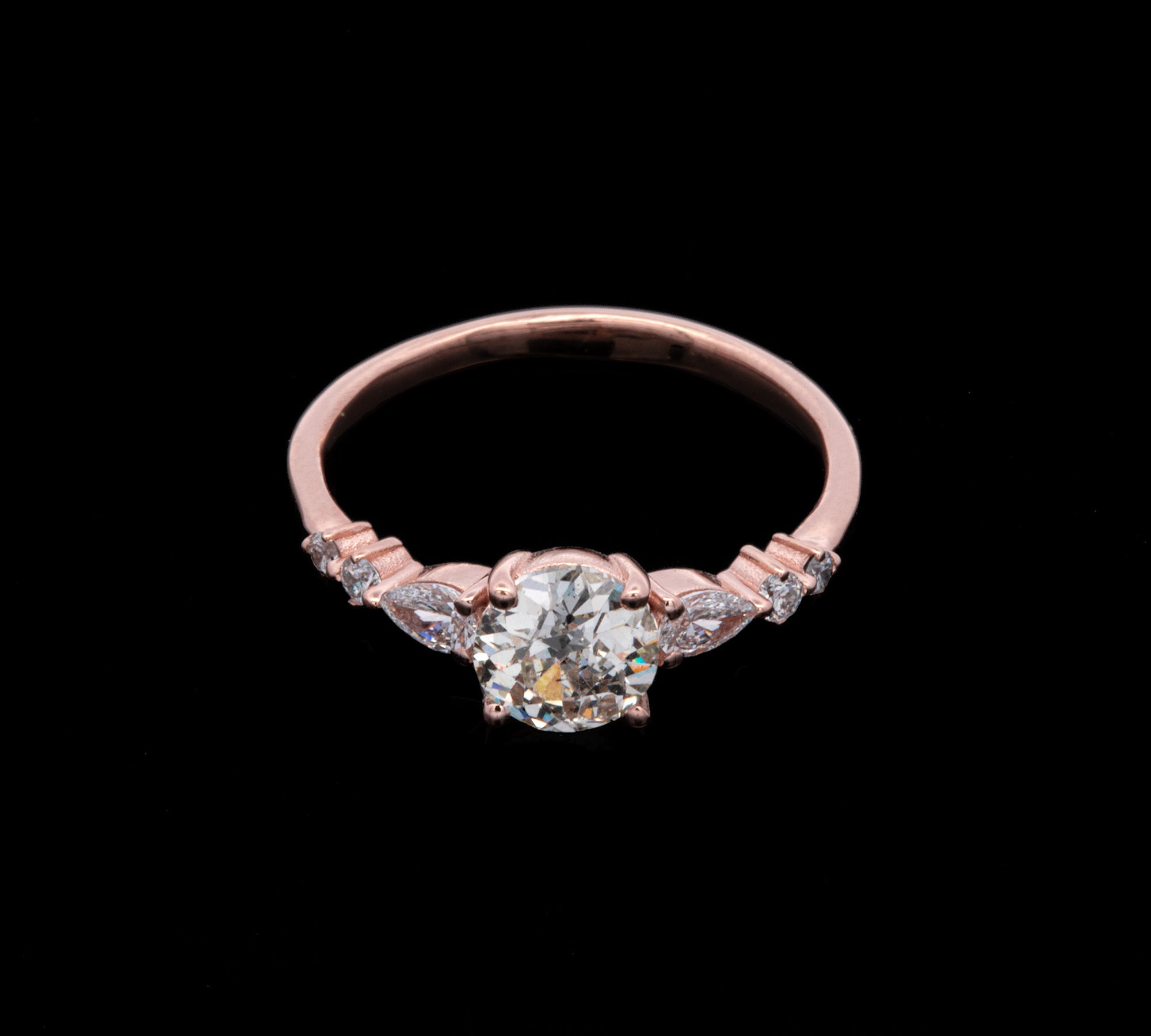Custom 14K Rose Gold Old Mine Cut Diamond Ring With Pear Shape And Round Brilliant Cut Diamond Accents