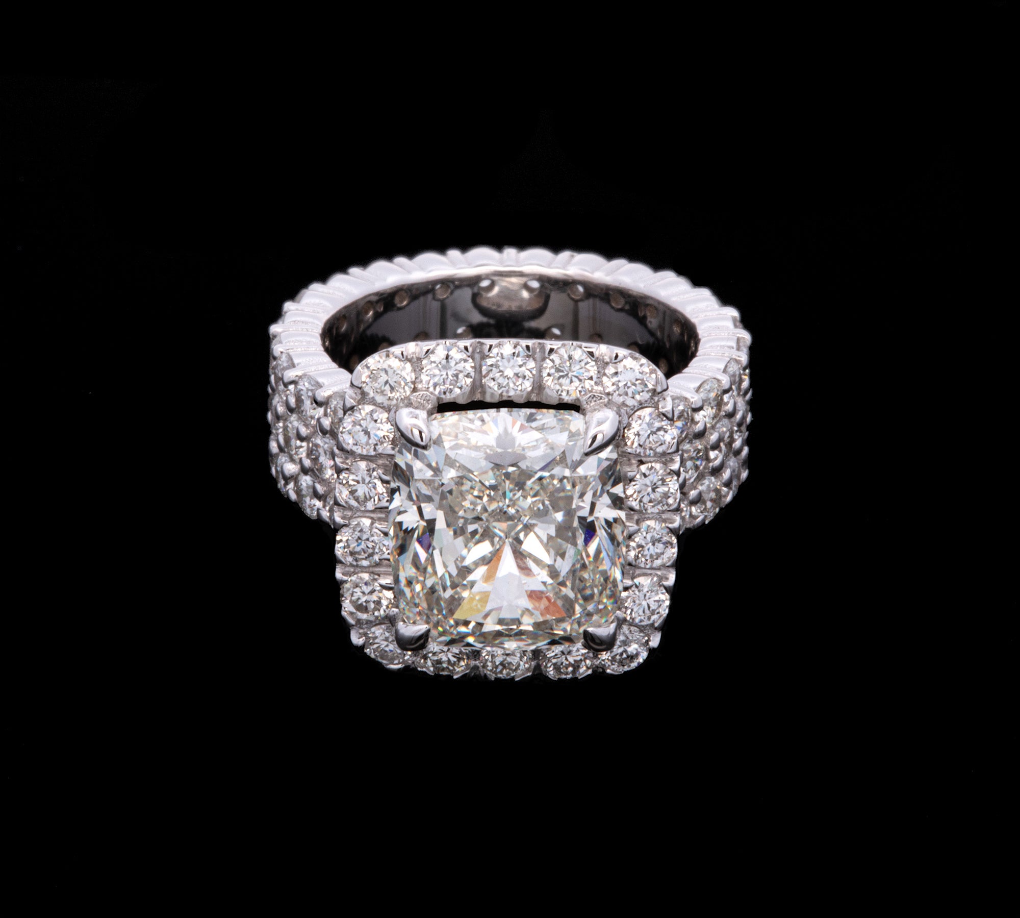 Custom 14K White Gold Cushion Cut Diamond Halo Ring With Three Row Diamond Shank