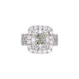 Custom 14K White Gold Cushion Cut Diamond Halo Ring With Three Row Diamond Shank