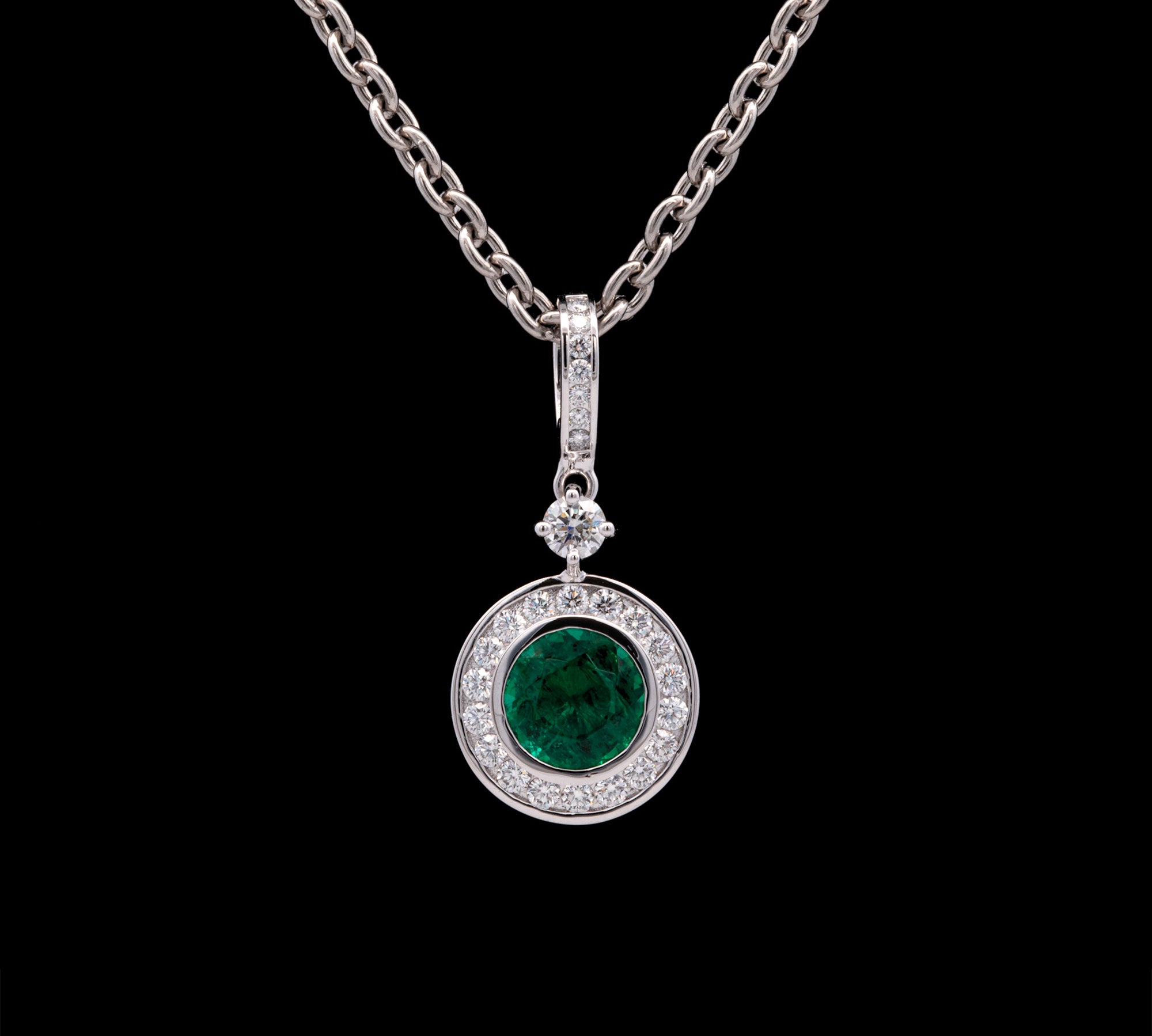 Custom Platinum Bezel Set Round Emerald And Diamond Pendant