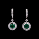 Custom 14K White Gold Bezel Set Emerald And Diamond Huggie Style Earrings