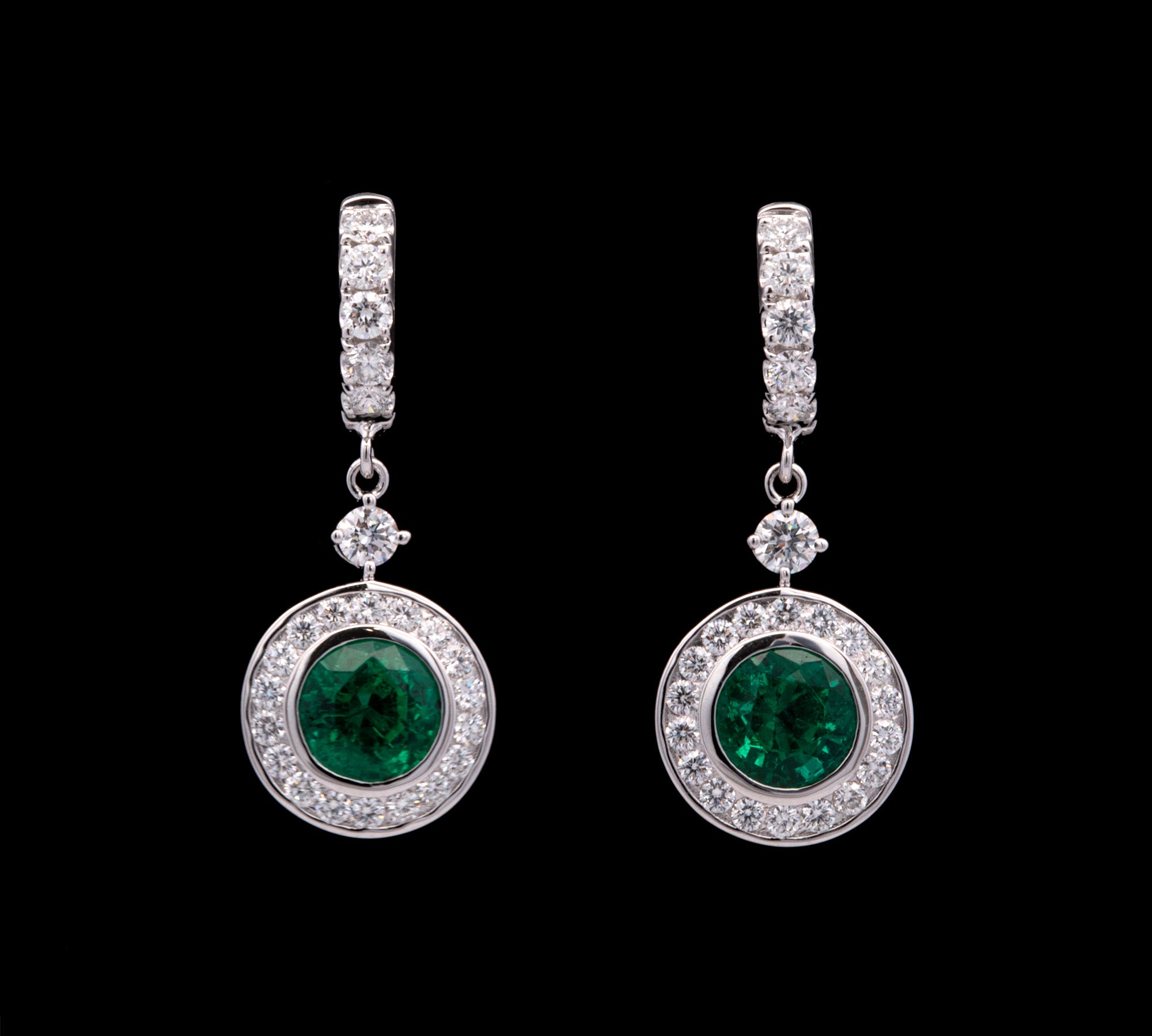 Custom 14K White Gold Bezel Set Emerald And Diamond Huggie Style Earrings