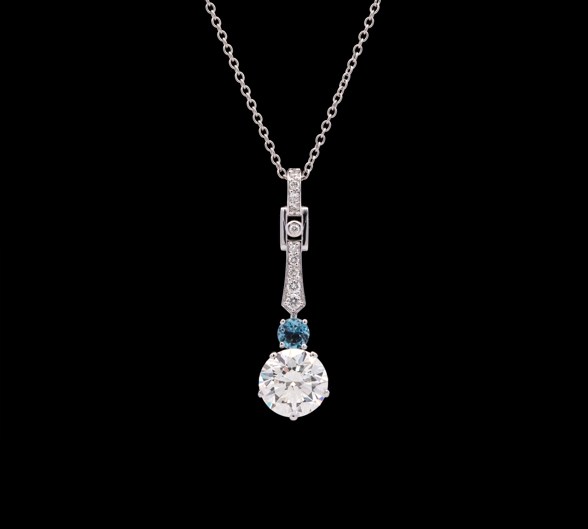 Custom Platinum Art Deco Inspired Dimond And Aquamarine Drop Pendant With 18 Inch Chain