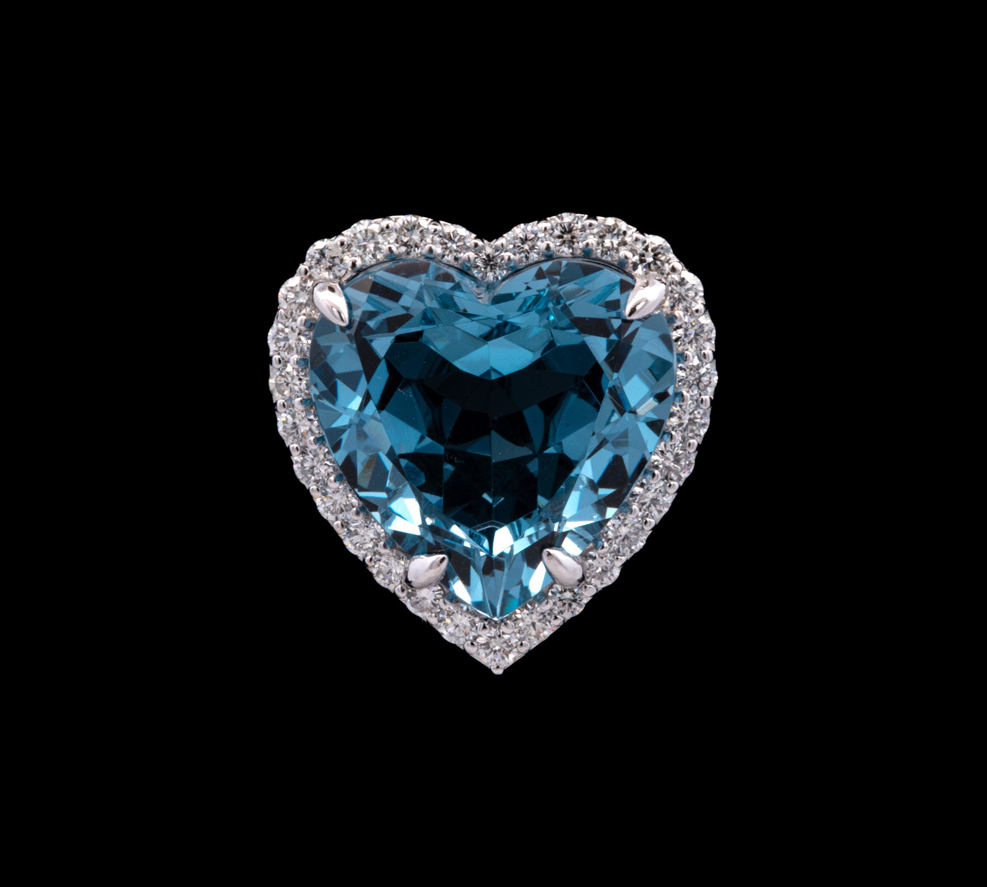 Custom 14K White Gold Heart Shape Blue Topaz Pendant With Diamond Halo