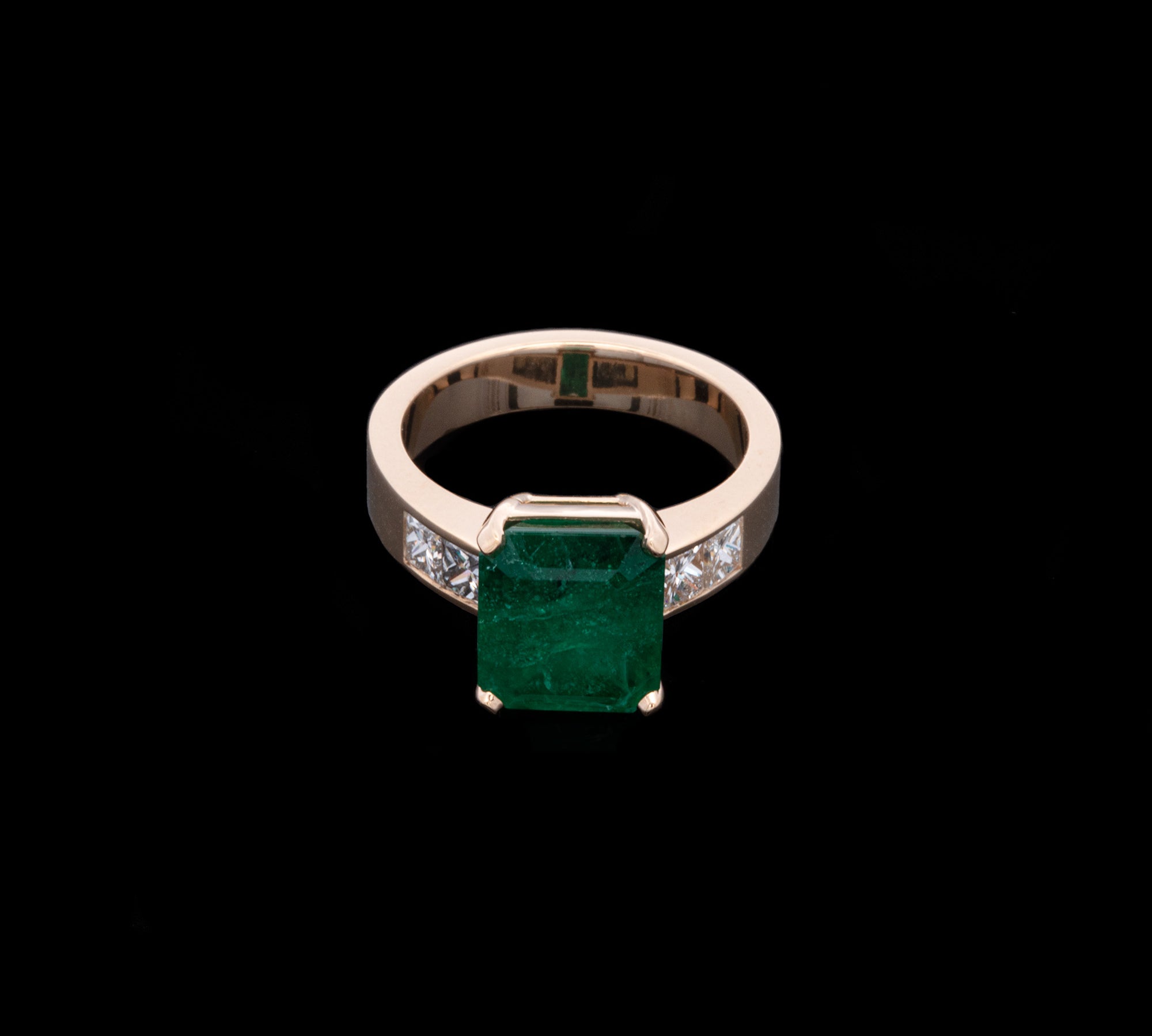 Custom 18K Yellow Gold Emerald And Bezel Set Princess Cut Diamond Ring