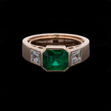 Custom 18K Yellow Gold Bezel Set Emerald Cut Emerald And Emerald Cut Diamond Ring