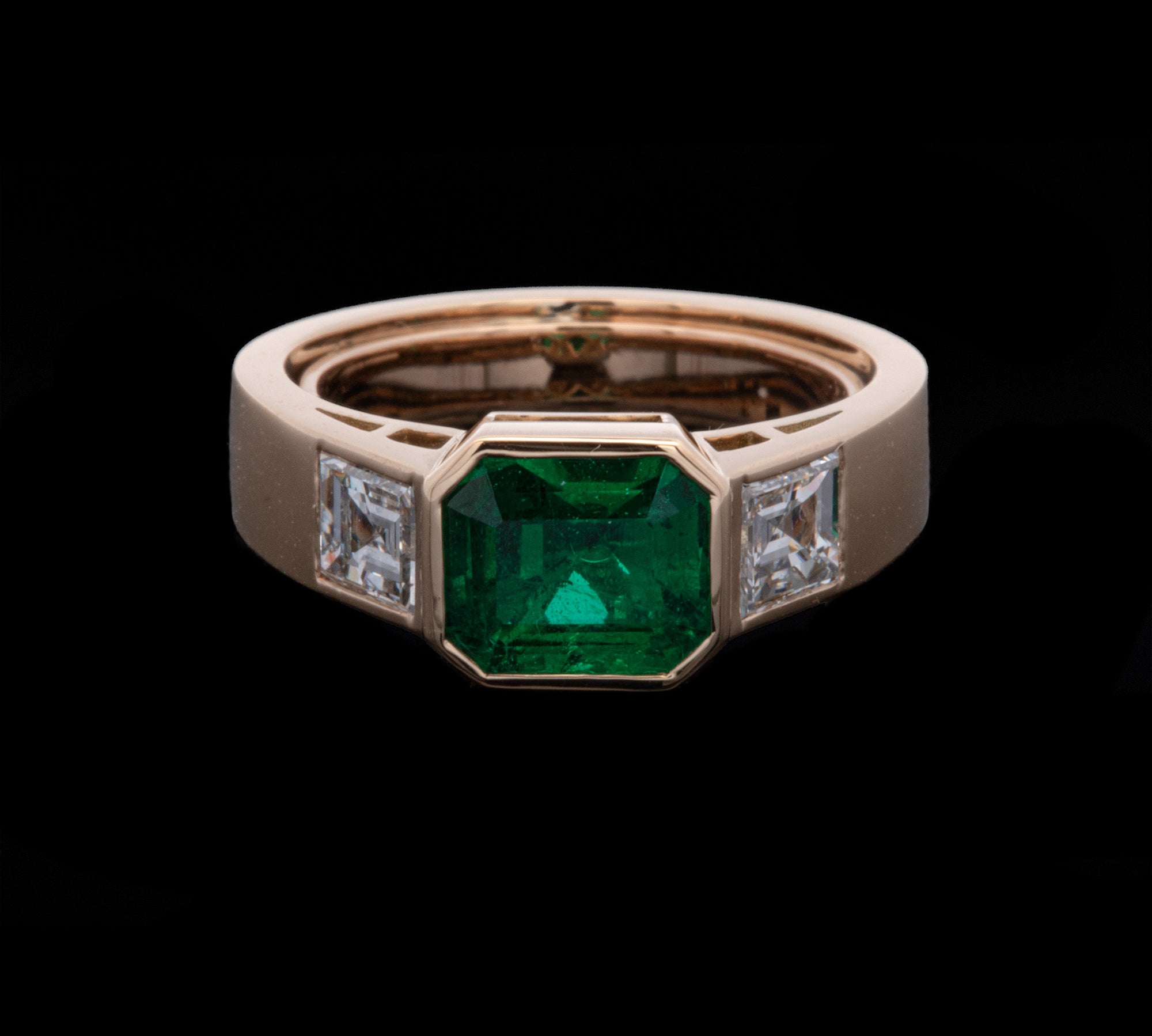 Custom 18K Yellow Gold Bezel Set Emerald Cut Emerald And Emerald Cut Diamond Ring