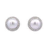 Custom 18K White Gold 11mm White South Sea Pearl And Double Diamond Halo Earrings With Post And Omega Backs