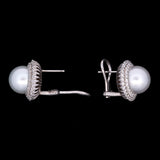 Custom 18K White Gold 11mm White South Sea Pearl And Double Diamond Halo Earrings With Post And Omega Backs